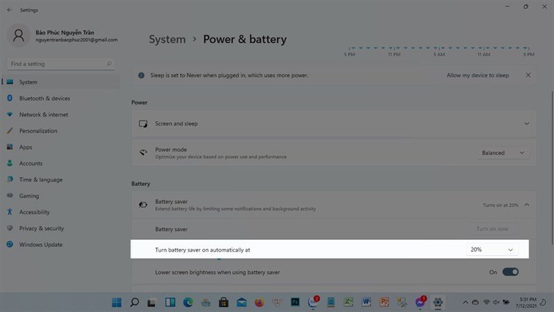 Thiết lập ngưỡng tự động bật Battery Saver trên Windows 11