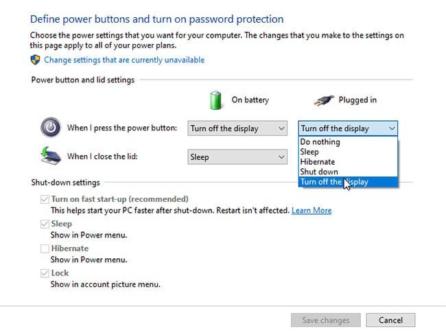 Thiết lập nút nguồn để mở màn hình máy tính laptop