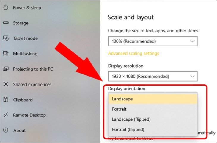 Thiết lập Orientation trong cài đặt Display của Windows 10, cho phép người dùng chọn Landscape để quay về hướng màn hình chuẩn