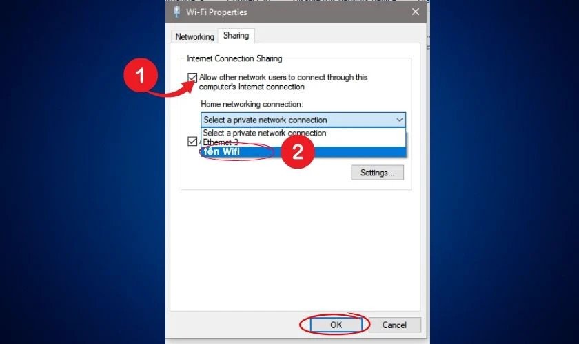 Thiết lập quyền chia sẻ kết nối internet cho hotspot trên Windows 10