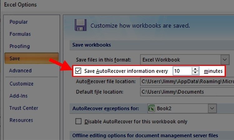 Thiết lập thời gian AutoRecover để tự động khôi phục file Excel