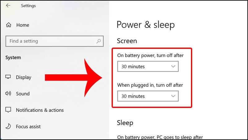 Thiết lập thời gian tắt màn hình ở mục Screen trong Power &amp; Sleep