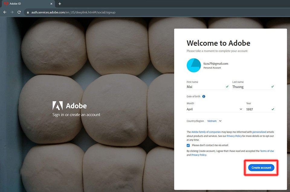 Thiết lập thông tin cá nhân để tạo tài khoản Adobe trong quá trình cài đặt Photoshop