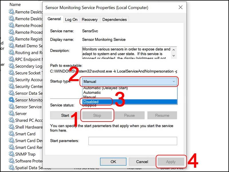 Thiết lập trạng thái Disabled cho Sensor Monitoring Service để tắt điều chỉnh độ sáng màn hình laptop