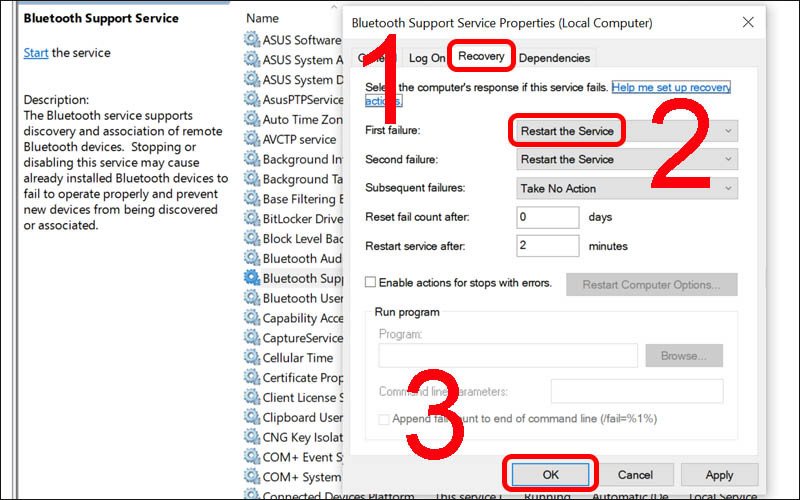 Thiết lập tùy chọn khôi phục cho Bluetooth