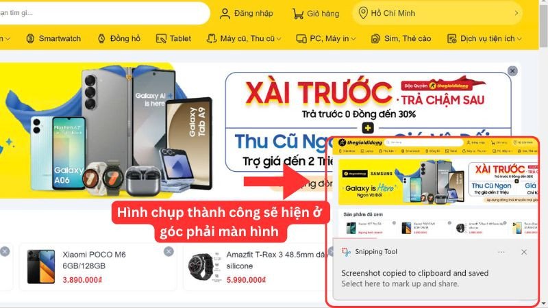 Thông báo hình chụp màn hình thành công ở góc phải laptop