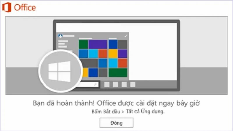 Thông báo hoàn tất quá trình cài đặt phần mềm Office