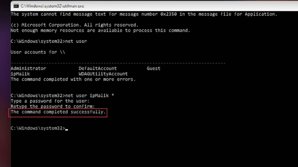 Thông báo reset mật khẩu thành công sau khi sử dụng Command Prompt