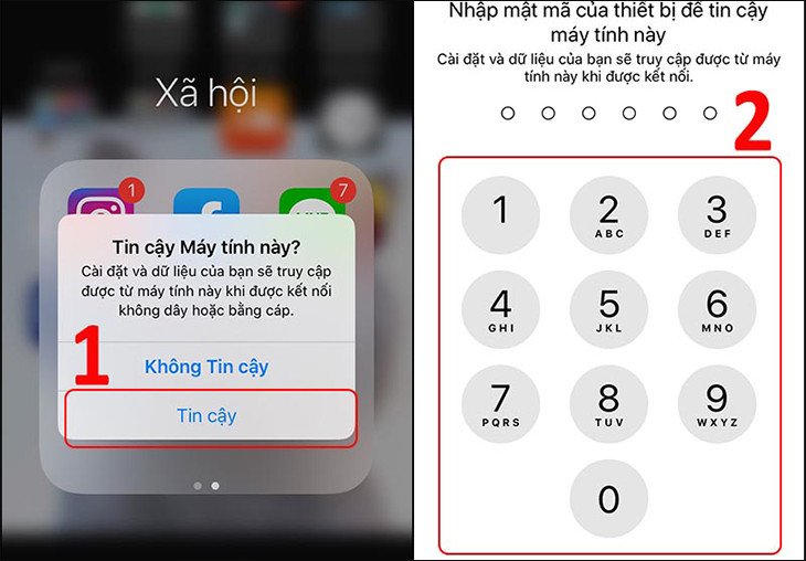 Thông báo "Tin cậy Máy tính này" hiển thị trên màn hình iPhone khi kết nối với laptop, yêu cầu người dùng nhập mật khẩu để xác nhận.