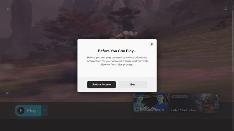 Thông báo yêu cầu cập nhật tài khoản Riot khi chơi LMHT trên laptop