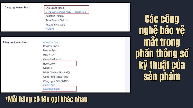 Thông số kỹ thuật của laptop có màn hình bảo vệ mắt hiển thị các công nghệ chăm sóc thị lực tích hợp.