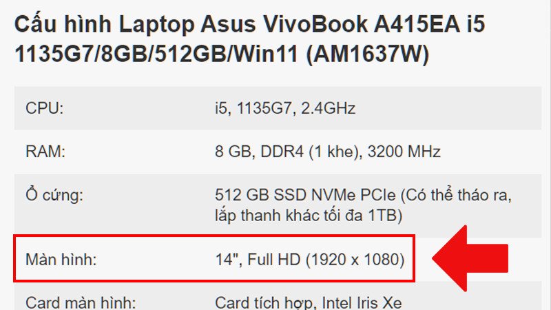 Thông số kỹ thuật màn hình laptop trên trang web