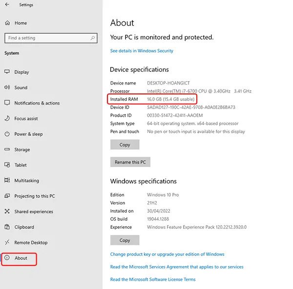 Thông tin cài đặt RAM trong mục About của laptop Windows 10