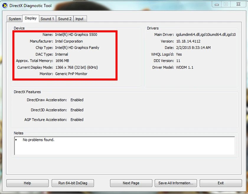 Thông tin card đồ họa tích hợp Intel HD Graphics 630 trong DxDiag