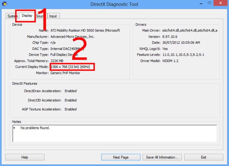 Thông tin cấu hình màn hình trong DirectX Diagnostic Tool