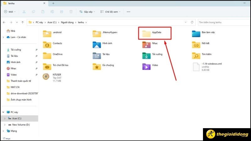 Thư mục AppData chứa dữ liệu ứng dụng Zalo trên laptop