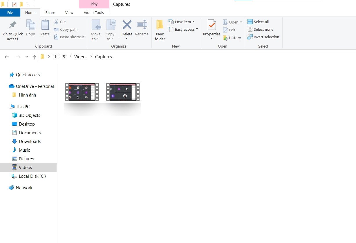 Thư mục Captures hiển thị video đã quay màn hình trên Windows