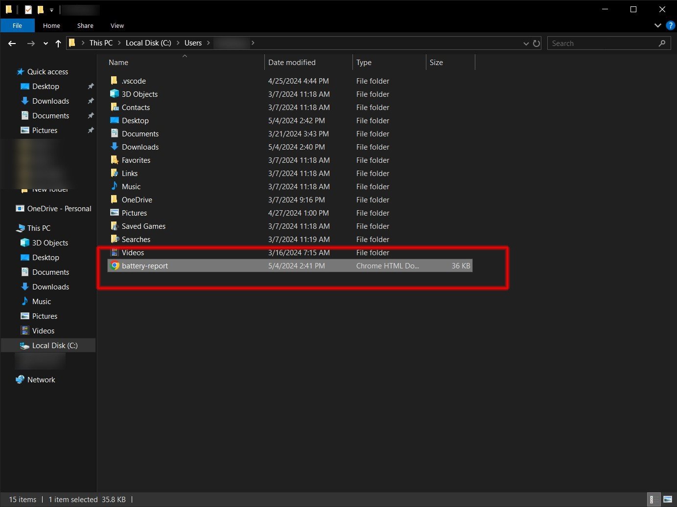 Thư mục chứa file `battery-report.html`, kết quả sau khi chạy lệnh cmd kiểm tra pin