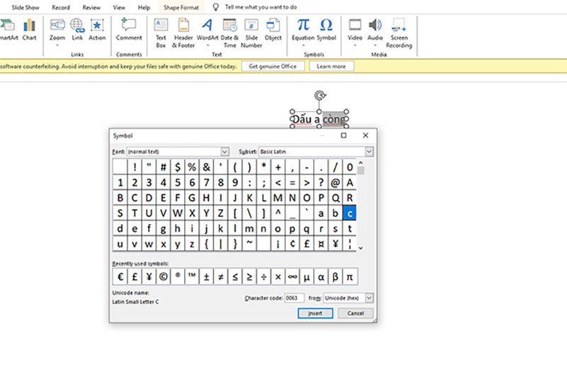 Thư viện ký tự đặc biệt (Symbol) trong Microsoft PowerPoint để chèn ký tự a còng