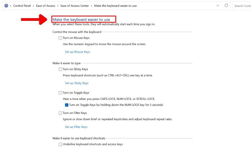 Thực hiện các bước trong Control Panel để thay đổi cài đặt bàn phím và mở khóa
