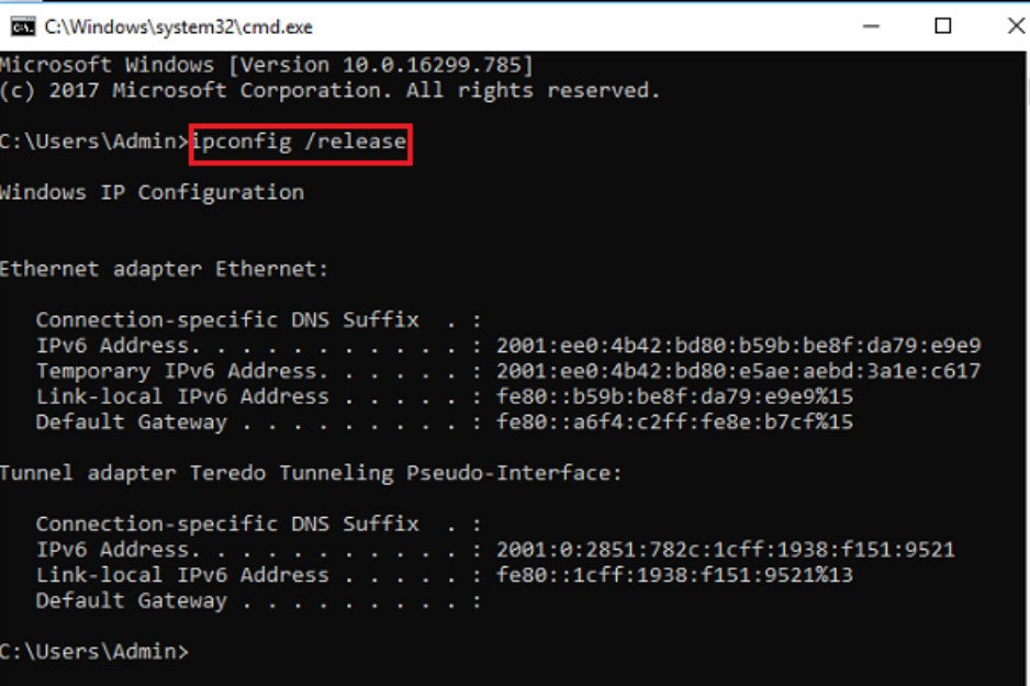 Thực hiện lệnh ipconfig/release và ipconfig/renew