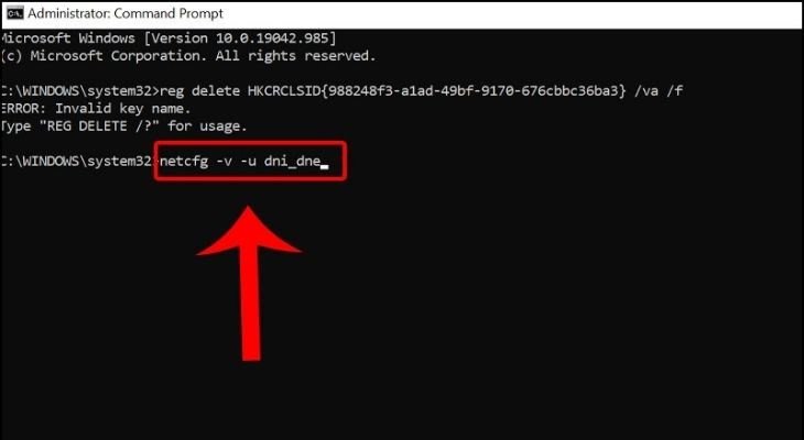 Thực hiện lệnh netcfg -v -u dni_dne để cấu hình lại giao thức mạng trên laptop