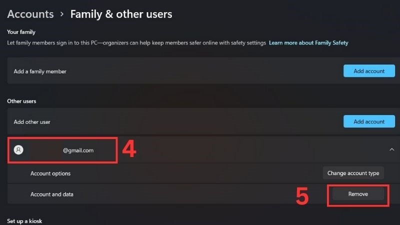 Thực hiện remove tài khoản Microsoft từ danh sách người dùng