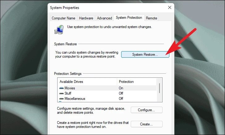 Thực hiện System Restore khi laptop không shutdown được Win 11
