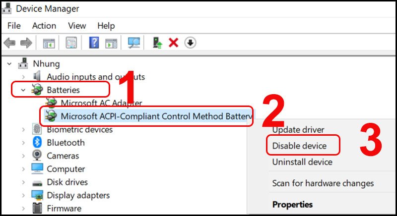 Thực hiện thao tác tắt rồi bật lại Battery Driver trong Device Manager