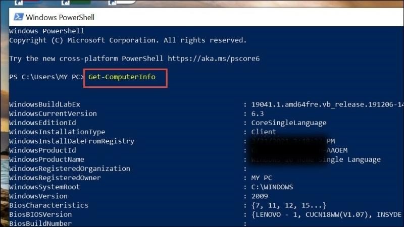 Thực thi lệnh Get-ComputerInfo trên PowerShell để xem cấu hình laptop HP