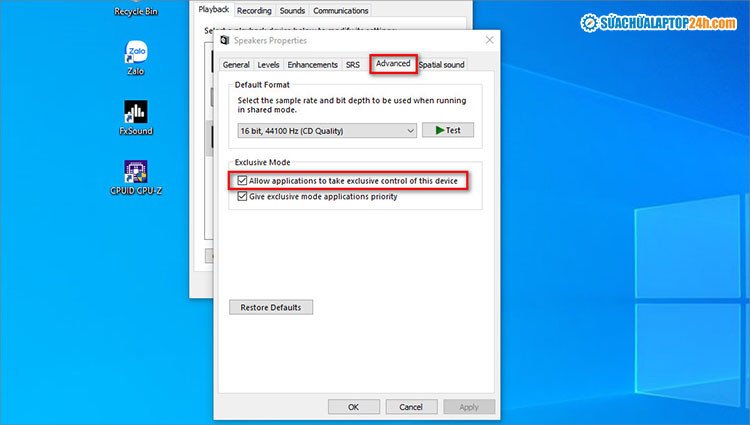 Tích chọn như hình để sửa lỗi loa laptop
