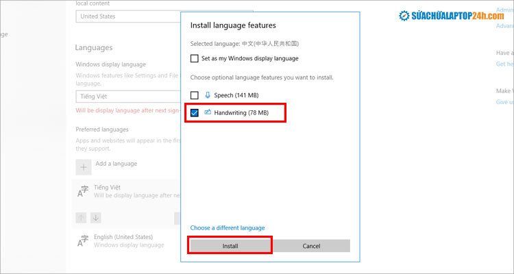 Tích chọn tùy chọn Handwriting khi cài đặt bàn phím tiếng Trung trên Windows