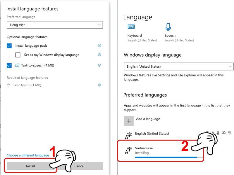 Tiến hành cài đặt gói ngôn ngữ Tiếng Việt trên Windows 10, mở khóa khả năng gõ tiếng Việt có dấu trên laptop