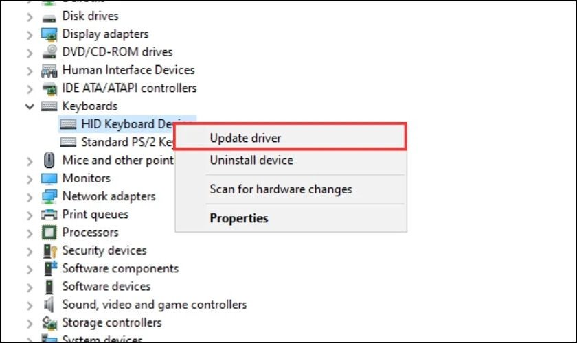 Tiến hành cập nhật driver bàn phím laptop