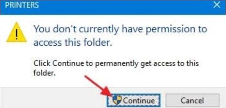 Tiếp tục để truy cập thư mục in ấn của Print Spooler