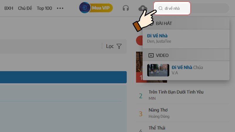 Tìm kiếm bài hát yêu thích trên Cốc Cốc