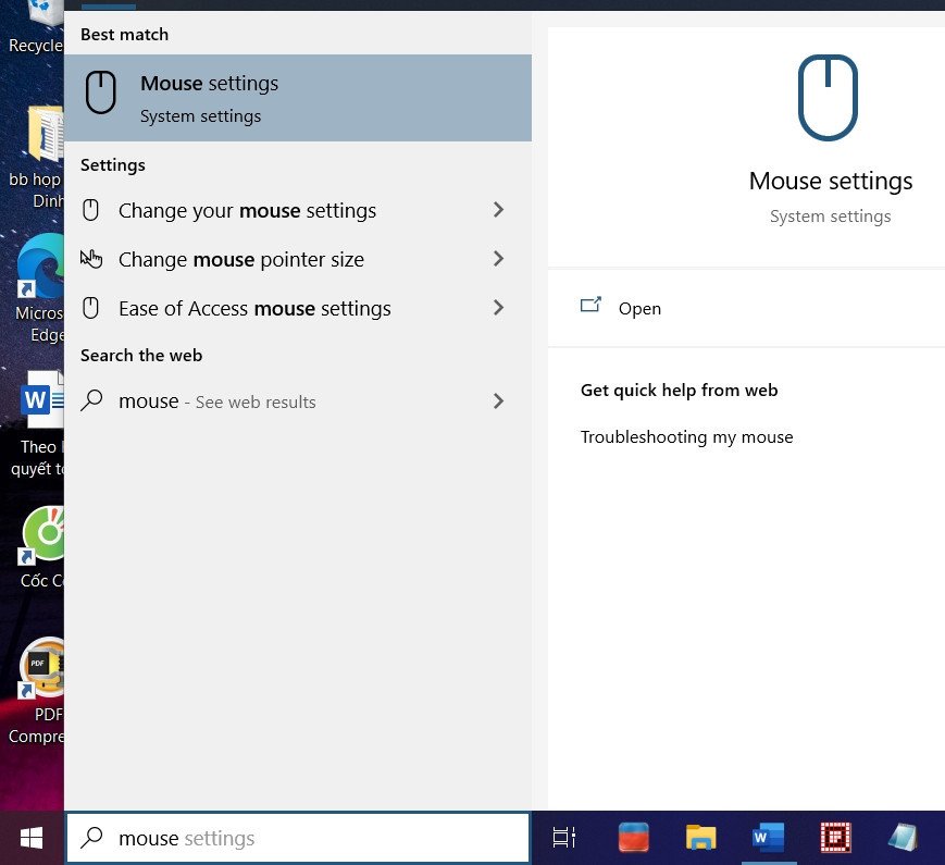 Tìm kiếm cài đặt chuột trong Windows khi không di được chuột trên laptop