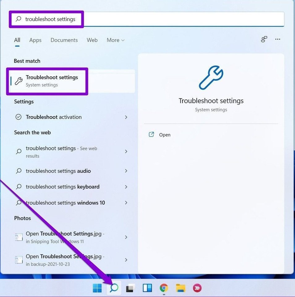 Tìm kiếm cài đặt khắc phục sự cố để kiểm tra tai nghe không nghe được Win 11.