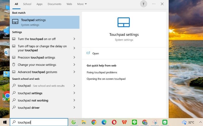 Tìm kiếm cài đặt touchpad trên laptop HP bằng Windows Search