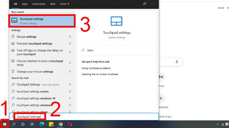 Tìm kiếm cài đặt Touchpad trên Windows để điều chỉnh độ nhạy khi bàn di chuột không nhấp được