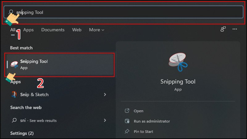 Tìm kiếm công cụ Snipping Tool trên thanh tác vụ Windows