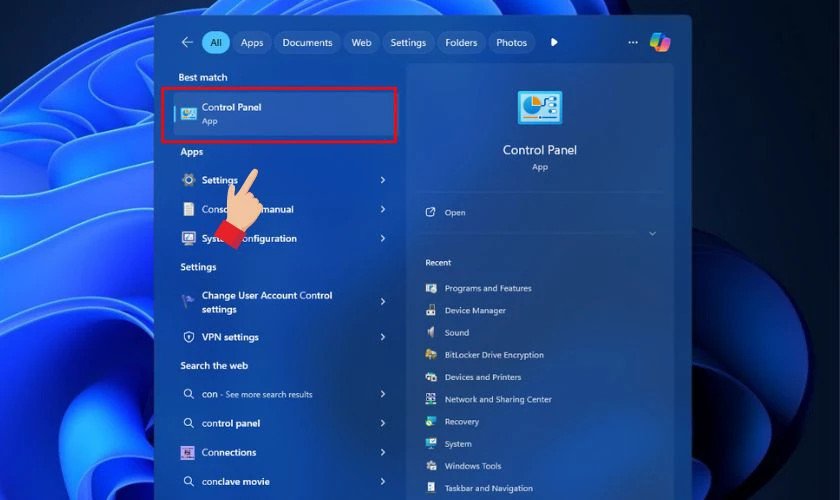 Tìm kiếm Control Panel trên Windows để truy cập cài đặt đèn bàn phím Asus Vivobook