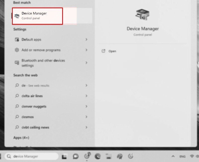 Tìm kiếm Device Manager trên thanh công cụ Windows 11 để điều khiển cảm ứng