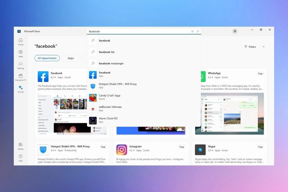 Tìm kiếm Facebook trong Microsoft Store