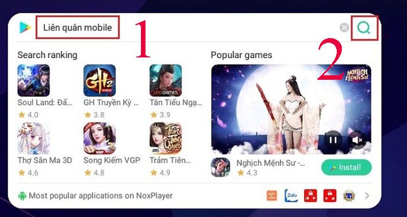 Tìm kiếm game Liên Quân Mobile trong giả lập NoxPlayer