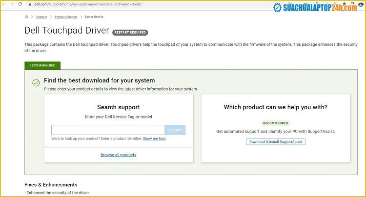 Tìm kiếm hỗ trợ driver chuột cảm ứng Dell trên trang web chính thức