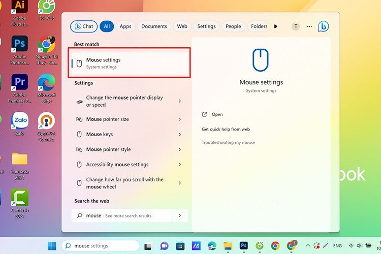 Tìm kiếm Mouse settings trên Windows để sửa lỗi Device Manager khi chuột cảm ứng bị mất