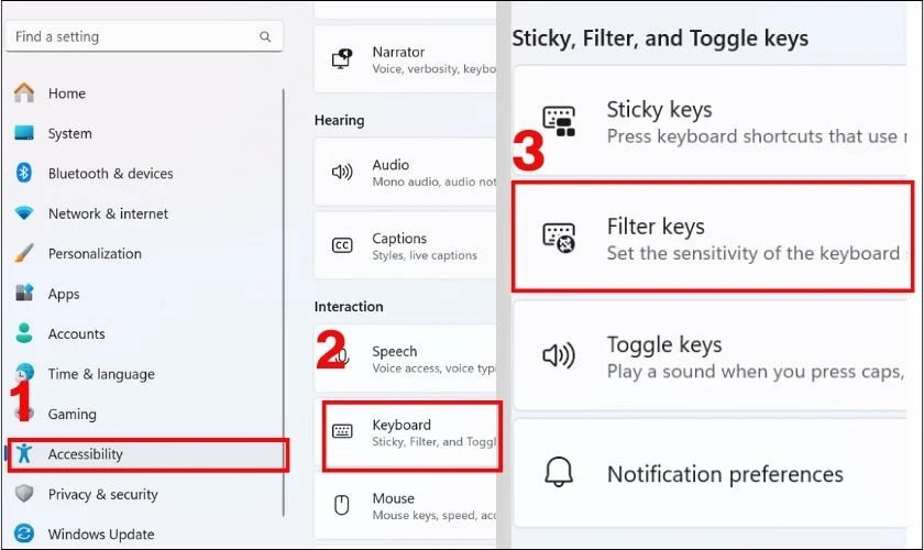 Tìm kiếm mục Use Filter Keys trong cài đặt bàn phím