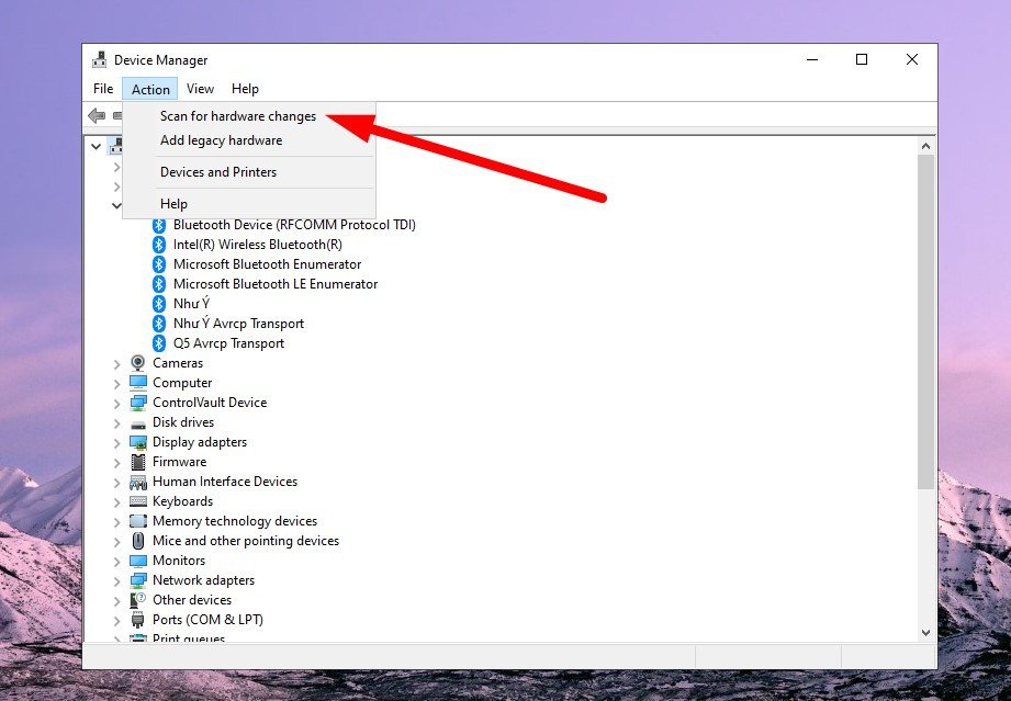 Tìm kiếm thay đổi phần cứng để cài đặt lại Driver Bluetooth