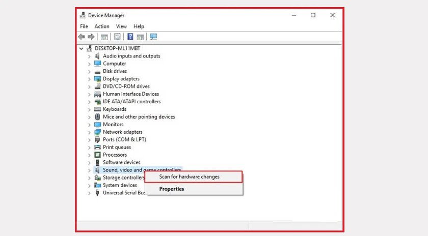 Tìm kiếm thay đổi phần cứng để cập nhật driver tai nghe Win 10